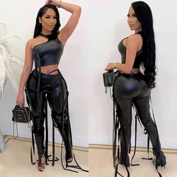 PU Faux Leather Two Piece Outfits for Women Party Club Matching Sets Ribbons Crop Top and Pants 2 Piece Sets Women Outfits