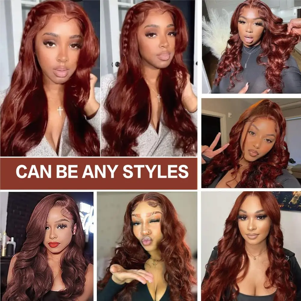 Reddish Brown 13x6 Lace Front Wig 200% 13x4 HD Transparent Lace Body Wave Lace Frontal Wigs Auburn Copper Colored Human Hair Wig