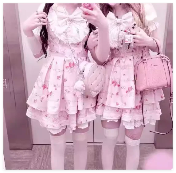 

Kawaii Cute Strawberry Embroidery Bow Liz Dress Sweet Print Short Sleeve Dress Skirt for Women Japanese Lolita Princess Dresses