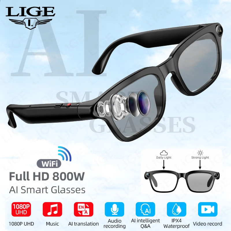 

Новые умные очки LIGE с AI-камерой 4K HD, 800 МП, фотохромные, многофункциональные, с Bluetooth-звонками, фото, видео, музыкой и функцией перевода