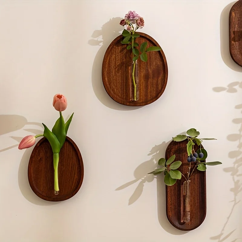 Solid Wood Wall Mounted Test Tube Vase Retro Walnut Wooden Base Hydroponic Flower Bottle Minimalist Boho Wall Art Home Decor