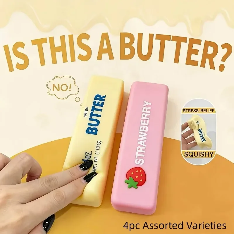 

4pcs Butter & Strawberry Bar Slow Rise Squishies • Food-Shaped Relax Toys • Fidget Squishies • Party Favors • Classroom Reward Mini Toys • Retro Aesthetic Desk Decor • Viral Squishy Fidgets • Student Anxiety Relief & Calming Gifts • Photo-Worthy VibeDDD