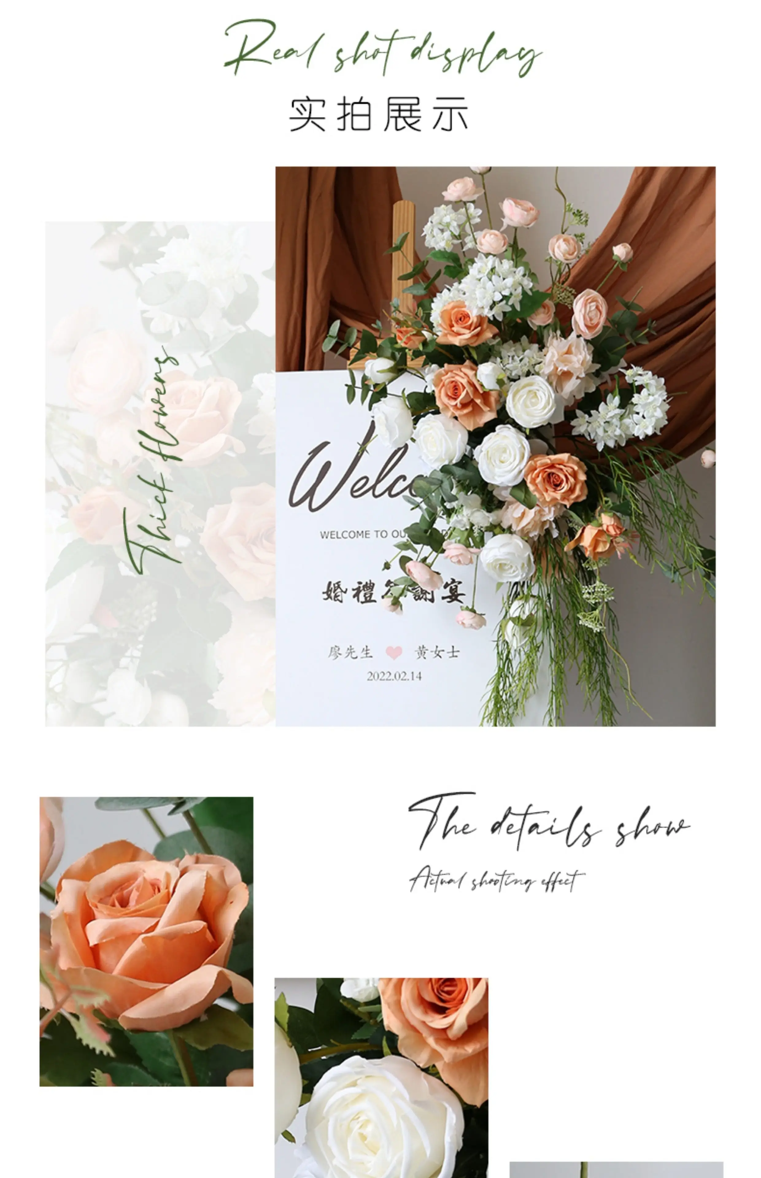 Champagnerweiße Rose mit grünen Blättern, hängende Blumenreihe, Dekoration für Hochzeitshintergrund, Tischdekoration, Ballveranstaltung, Gangdekoration, Bodenblumenrequisiten – Detail 4