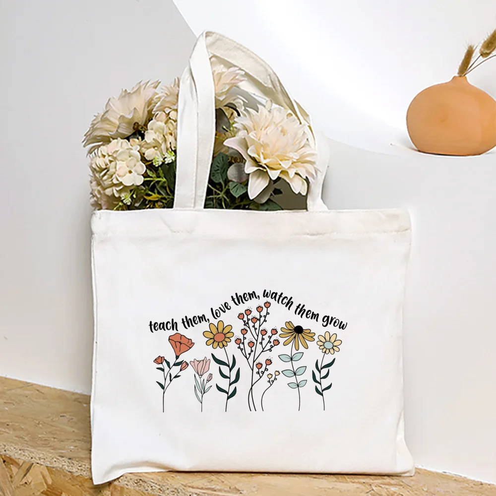 Floral Teacher Pattern Print Tote Bag Women Reusable Casual Eco Cloth Bag Teacher Appreciation Gift Best Teachers Day Gift