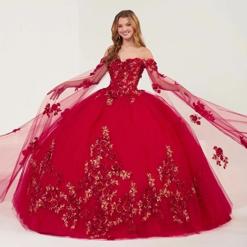 

Red Shiny Ball Gown Quinceanera Dress 2024 Sleeve Lace Appliques Beading With Cape Vestidos De 15 Años Sweet 16 Dress