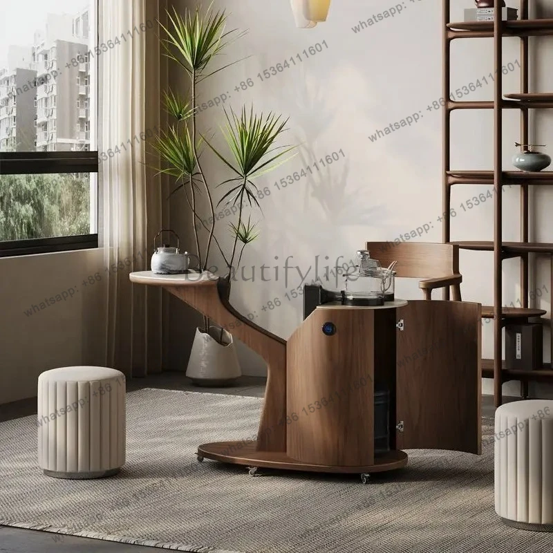 Mobile Tea Table Home Small Tea Cart Balcony Exquisite Minimalist Small Brewing Table Solid Wood Rock Board