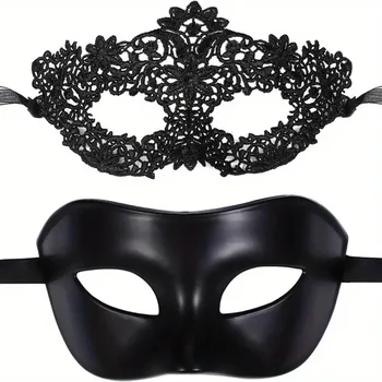 2pcs Elegant Black Lace Masquerade Mask Set for Couples - Perfect for Venetian Party, Mardi Gras, and Halloween Celebrations 1