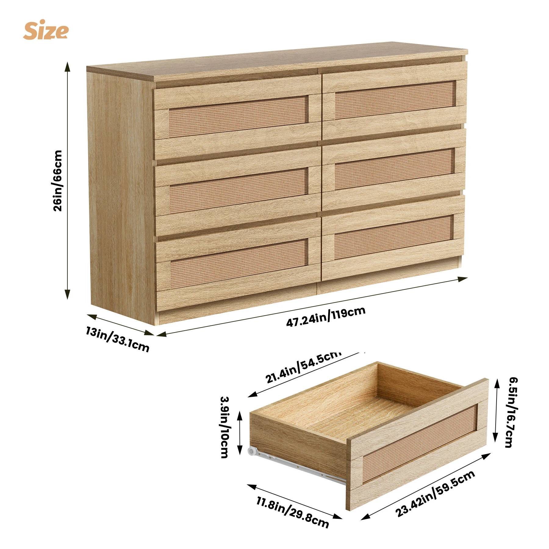 Rattan Dresser for Bedroom, 6 Drawer Dresser for Bedroom, Modern Wide Chest of Drawers with Anti-Tip Kit, Wood Storage Dresser