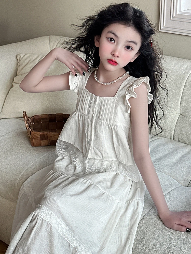 Super cute summer dress for girls2026New summer high-end white dress set for girls, princess dress