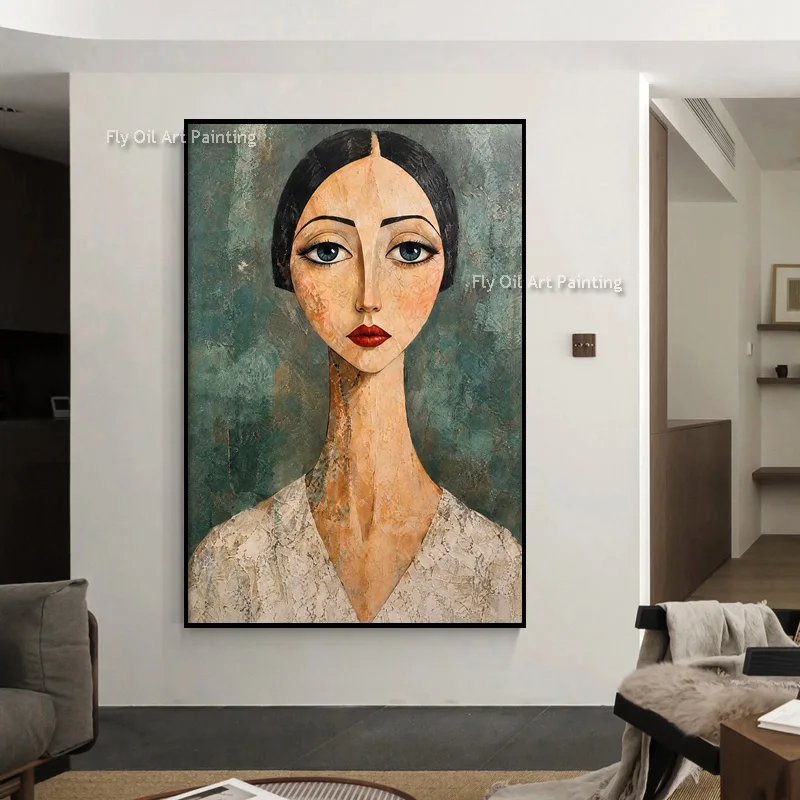 Large Hand‑Painted Retro Cubism Female Portrait Oil Painting, Heavy Textured Figurative Canvas Wall Art for Modern Home