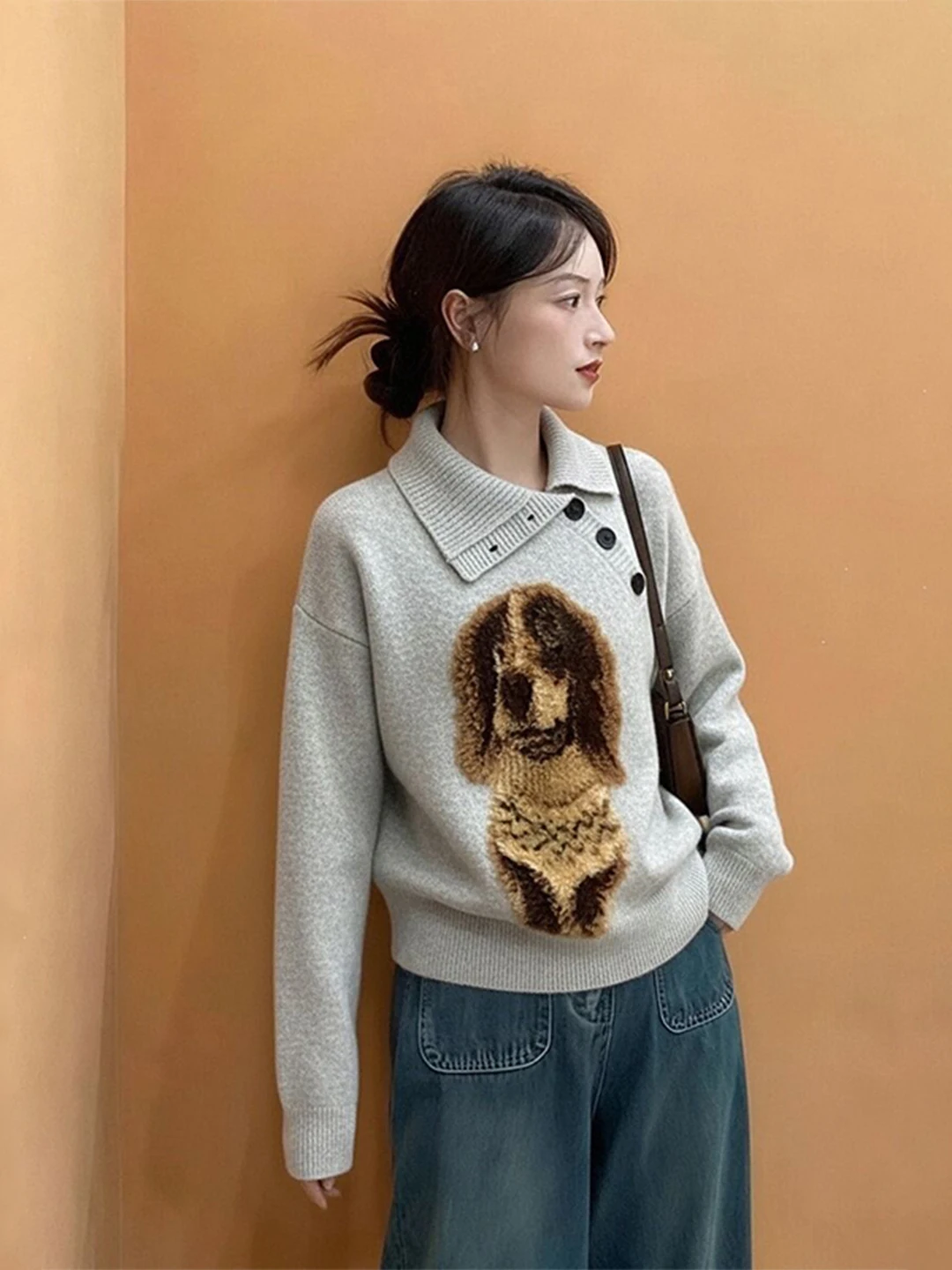 

Thickened Knitted Sweater Women's Inner Wear Outerwear Loose Lazy Style High-End Collar Dog Print Base Shirt Korean Style Lon...