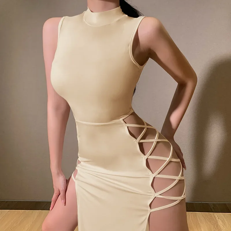 

Summer Women's Semi High Neck Sleeveless Slim Fit Dress Fashion Hollow Out Sexy Dress For Women Y2k Women Clothing