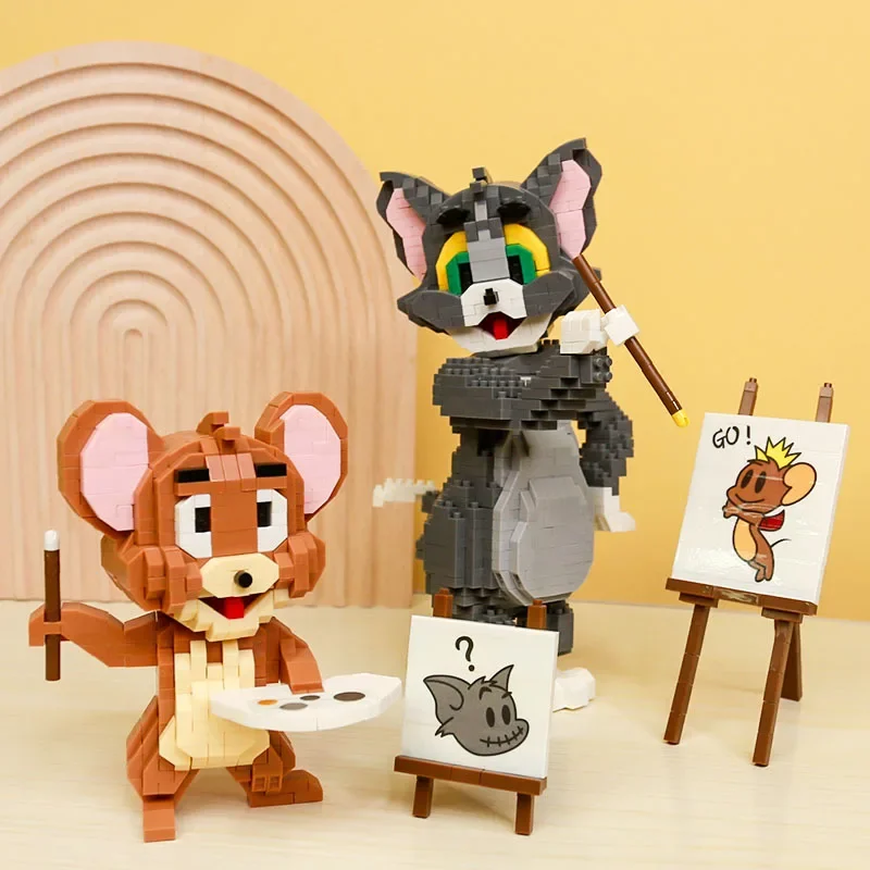 

Tom And Jerry Micro Building Blocks Anime Painter Cat and Mouse Assembly 3D Model Mini Brick Figure Toy For Christmas Gift