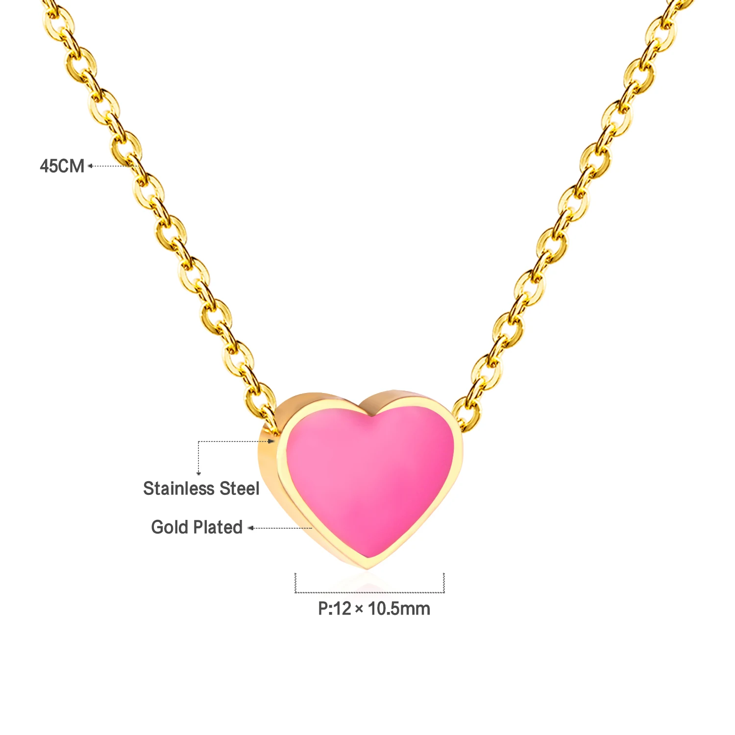 LUXUSTEEL Fashion Oil Drip Pink Red Colorful Love Heart Pendant Necklace For Women Girls Stainless Steel Rolo Chain Choker BFF