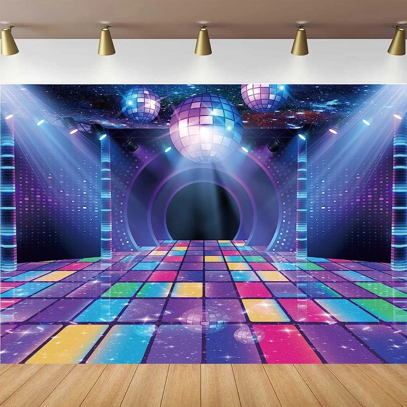 

Фон для фотосъемки: Неоновый, красочный, светящийся, в стиле 70-х, 80-х, 90-х годов, с диско-шаром, музыкальной сценой, для вечеринок в ночных клубах, декор интерьера, фон для фотосессий