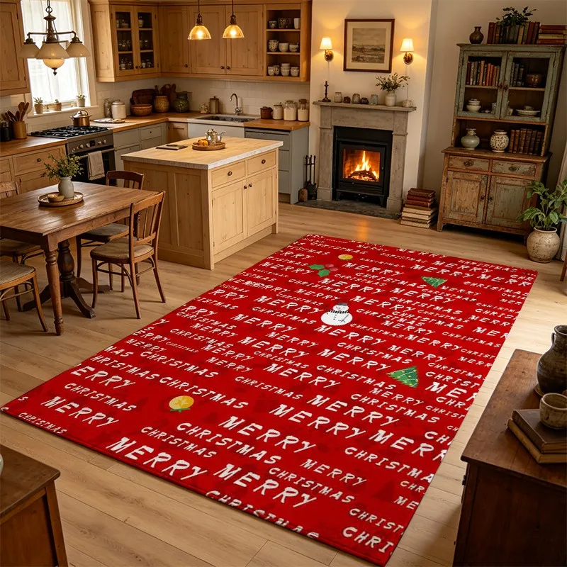 1 Piece Soft Plush Christmas Text and Festive Icons Carpet, Soft Comfortable, All Seasons, lightweight Easy to Maintain, Home Decor for Living Room, Bedroom, Hallway, Autumn, Winter