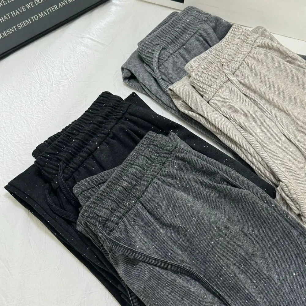 

Soft Solid Color Straight Leg Pants Sequin Loose Knitted Long Pants Drawstring Baggy Trousers Wide Leg Pants Female