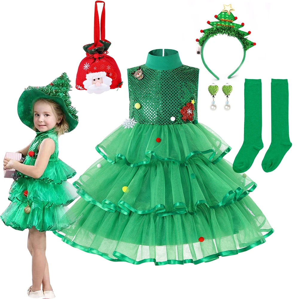 

Kids Christmas Dress for Girl Xmas Princess Tutu Vestidos 2025 New Year Gowns Green Elf Costume Children Clothing 2-10Y Baby Gir