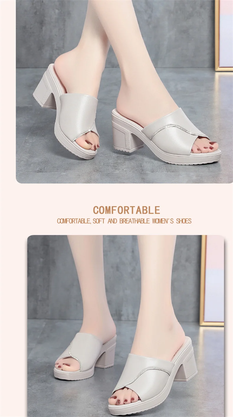 Women Summer New High-heeled Waterproof Platform Sandals Thick-heeled Bright Soft Leather Solid Fish Mouth Casual Slippers