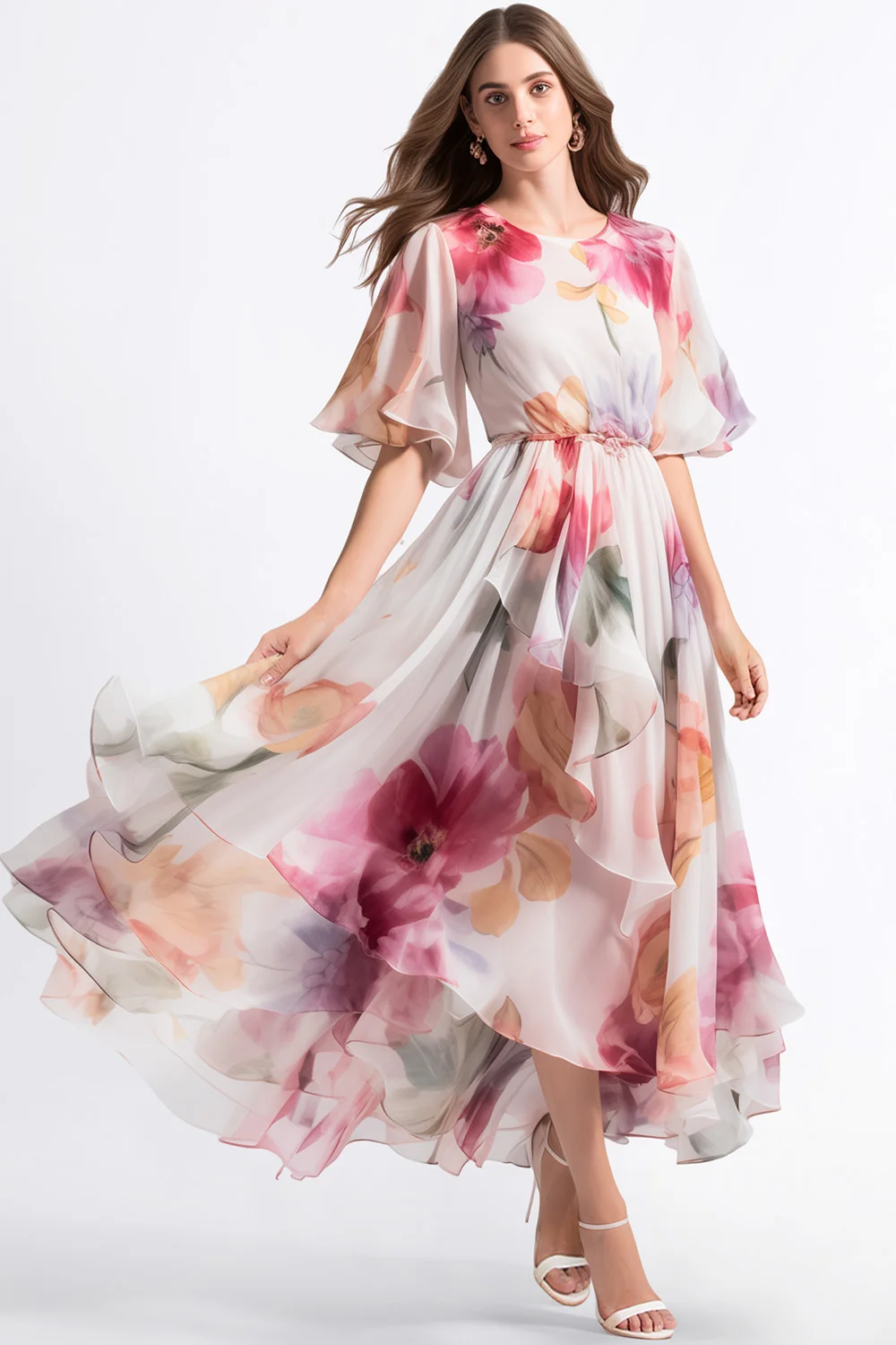 

Women's Clothing Fashion Everyday Pink Chiffon Floral Print Flutter Sleeve Maxi Dress