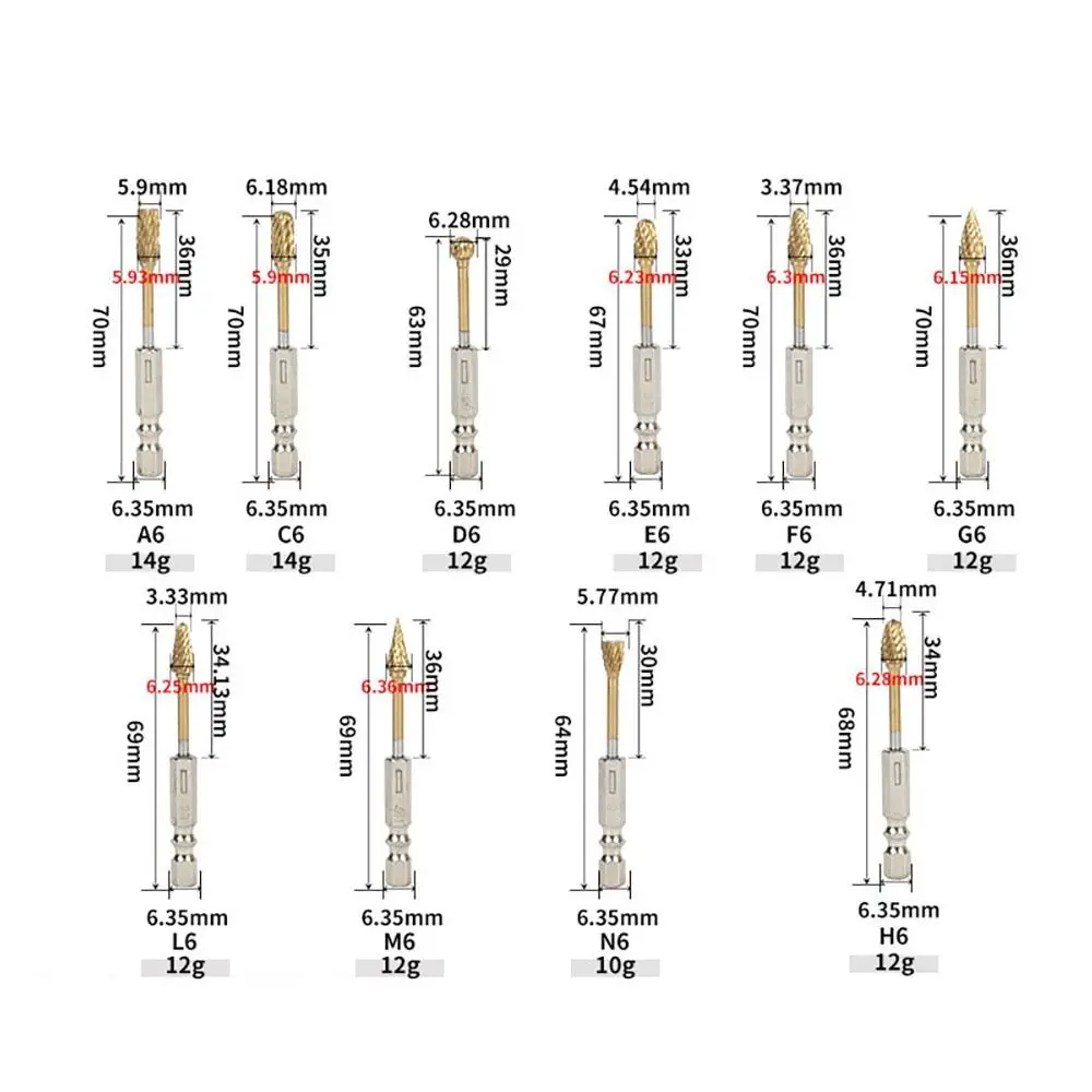 10pcs/set 6.35mm Rotary File Double Slot Polishing Grinding Drill Bit Tungsten Steel Hexagonal Handle Electric Grinding Tool