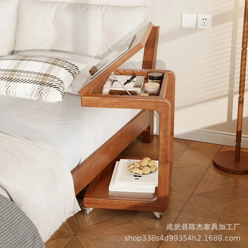Solid wood mobile small coffee table household with wheel edge bedroom multi-functional living room sofa edge