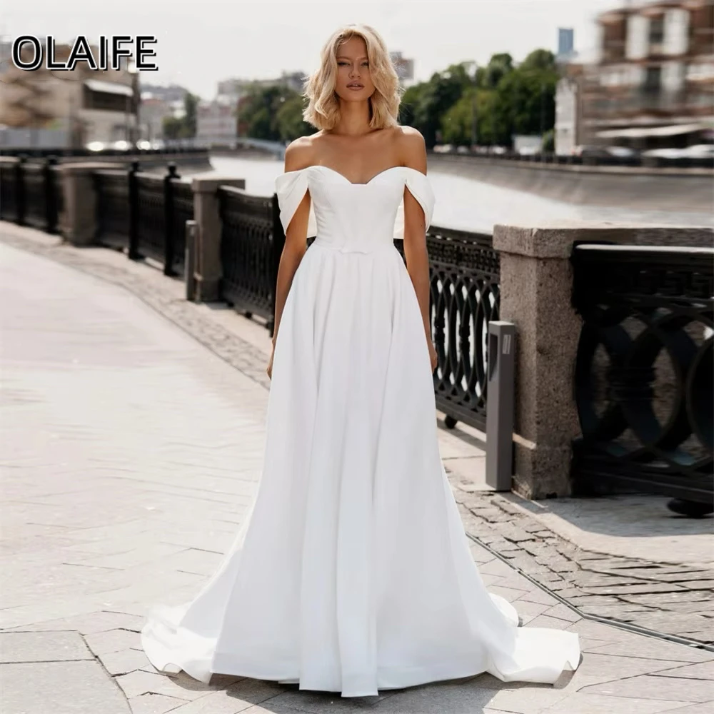 Elegant Off-Shoulder A-Line Bridal Wedding Dress Satin Ruched For Women Zipper Back Sweep Train Customized robe de mariée