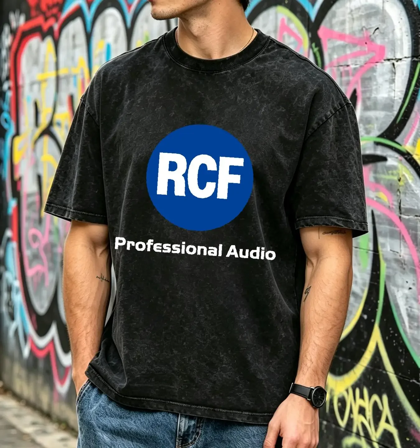 washed T Shirt New RCF Professional Audio Logo Men's American vintage Washed fashion Stretched Slightly Soft
