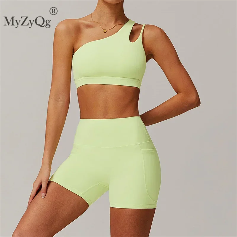 MyZyQg Summer Quick-drying Nude Sports Yoga Bra Pockets Shorts Set High Waisted Tight Breathable Running Fitness Shorts Sets