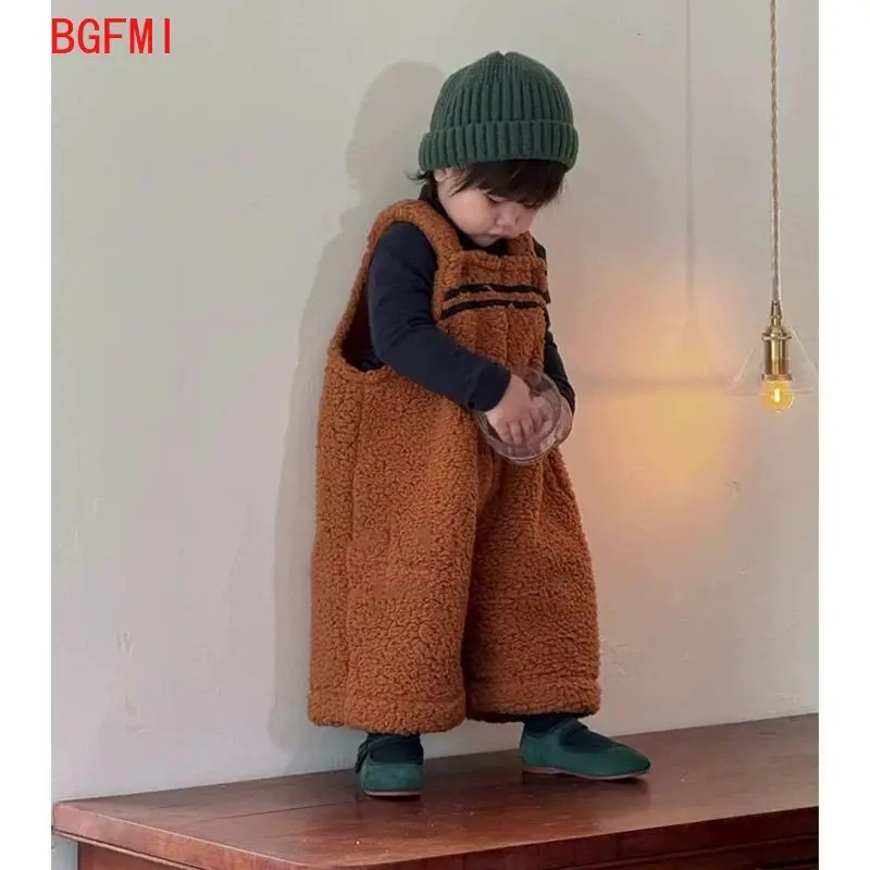 Korean Female Child Clothes Boys Infant Bottoms Children's Pants Girls Coffee Retro Lamb Wool Overalls Men's Baby Clothes 1-8 Y