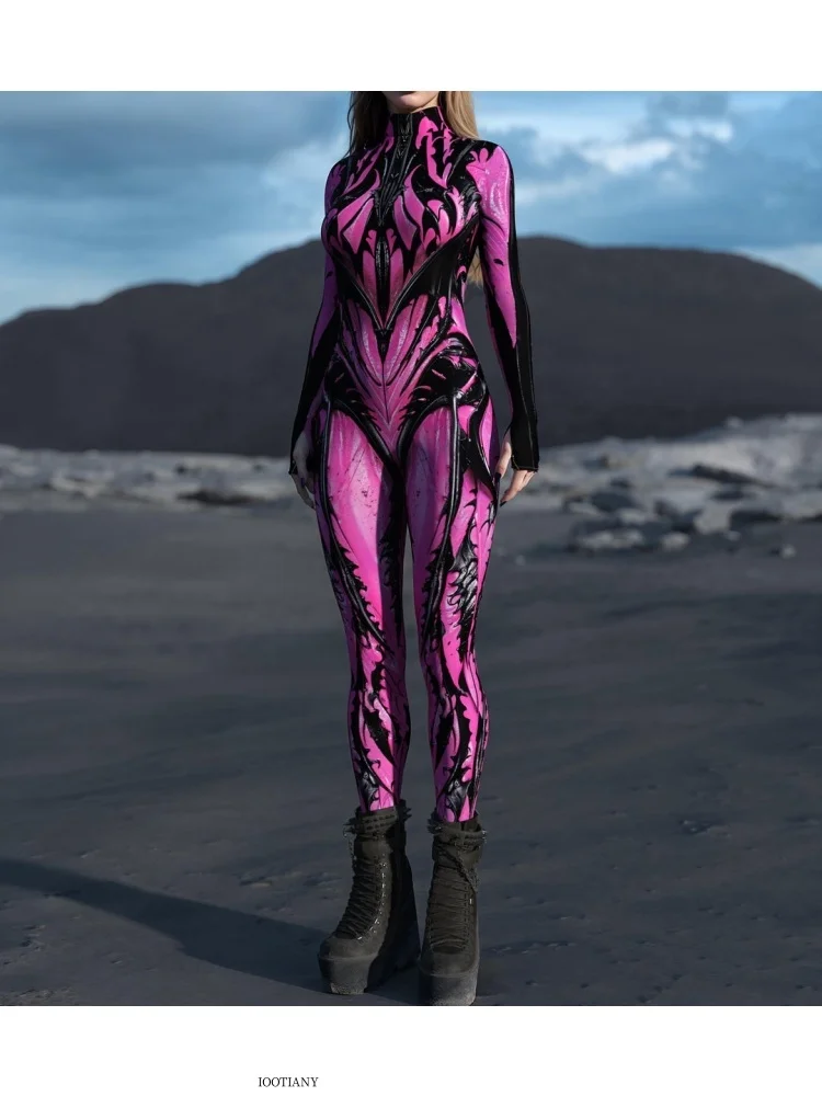 Sexy Damen Psychedelischer Netz-Cosplay-Bodysuit Horror Halloween Festival Party Jumpsuit Karneval Bühnenauftritt Eng Anliegend – Detail 7