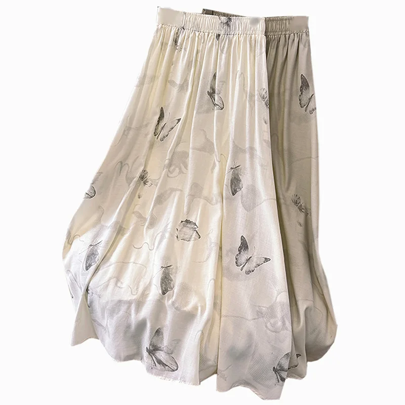 Vintage Floral Print A-line Long Skirts Summer Chiffon Women 2024 new Casual  Elastic Waist Skirt