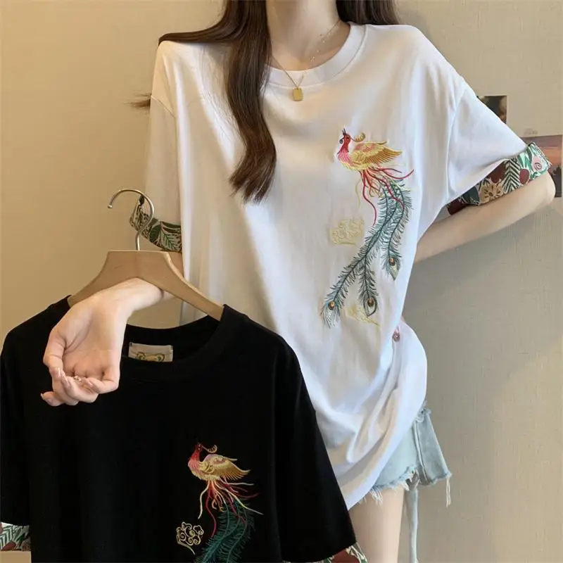 Summer New Round Neck Fashion Short Sleeve T-shirt Women Vintage Chinese Style Embroidered Pullovers Casual Loose All-match Tops