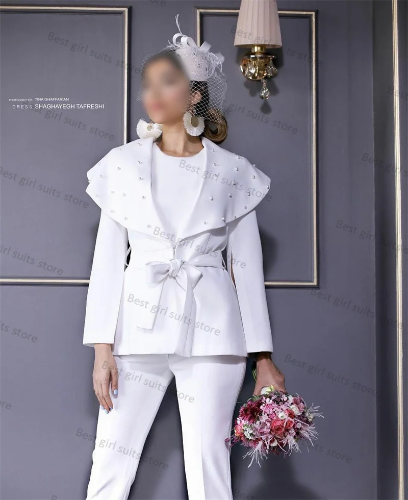 Designer Pearls Women Suit Blazer Set 2 Piece Jacket+Pants Formal Cape Wedding Tuxedo Tailored Belt Elegant Coat Prom Dress