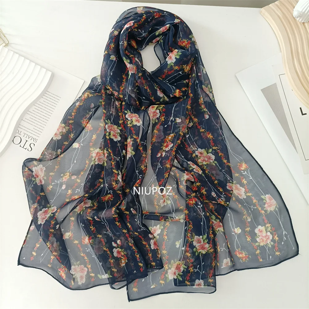 Red Small Flower Women Elegant Chiffon Georgette Bandana Scarf Summer Beach Sunscreen Thin Hijab