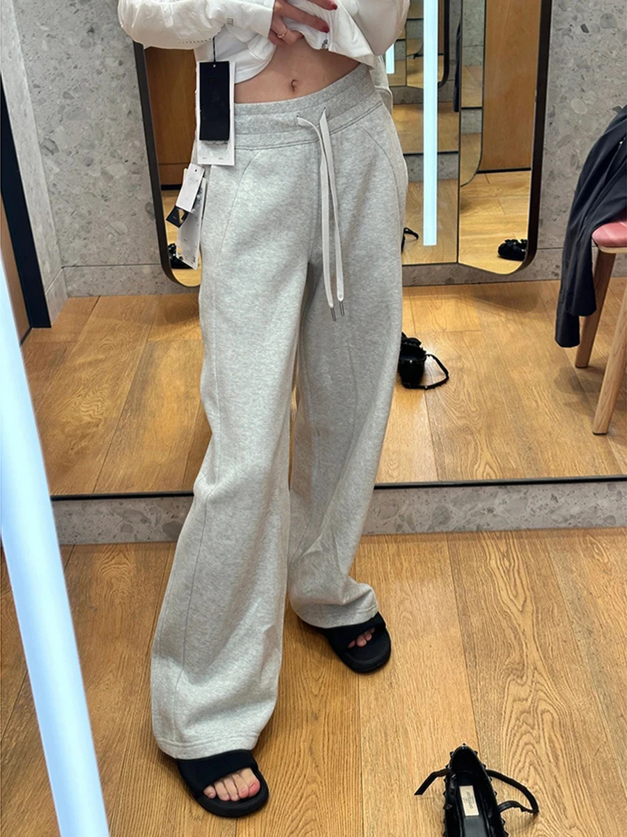 

Drawstring Gray Sweatpants Women 2024 New High Waist Simple All-match Straight Trouser Winter Fashion Casual Sport Pant Femme