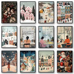 Cute Winter Town Retro Santa Claus Snow House Landscape Poster and Prints Canvas Printing Wall Art Picture for Living Room Decor