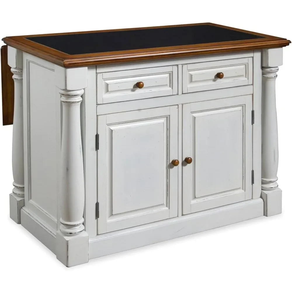 Home Styles Monarch White Kitchen Island with Distressed Oak Top, Black Granite Top Inset, Hardwood, Breakfast Bar, Two Drawers