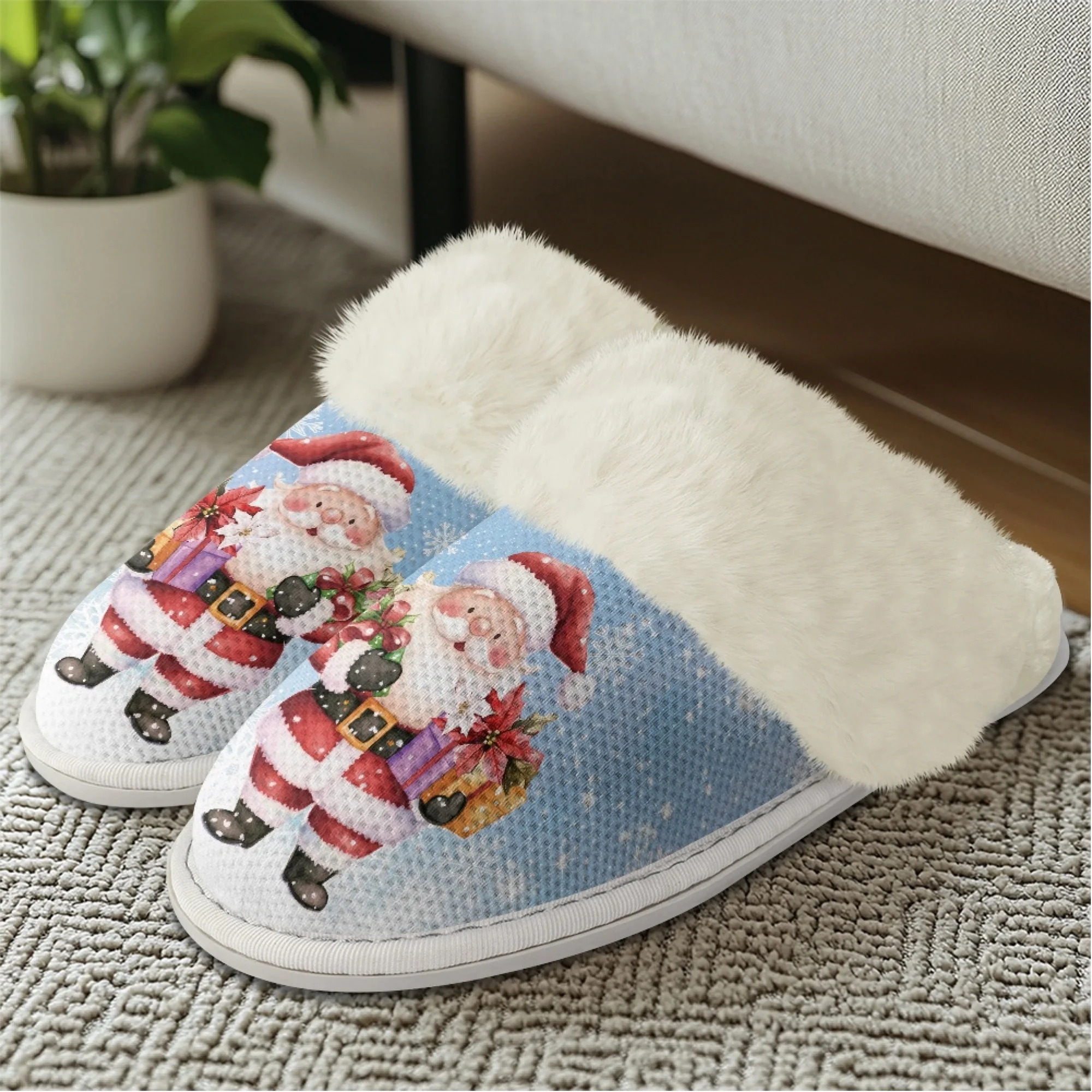 INSTANTARTS Women Blue Flat Cotton Slippers Christmas Cute Santa Claus Anti Slip Comfortable Indoor Winter Shoes Keep Warm