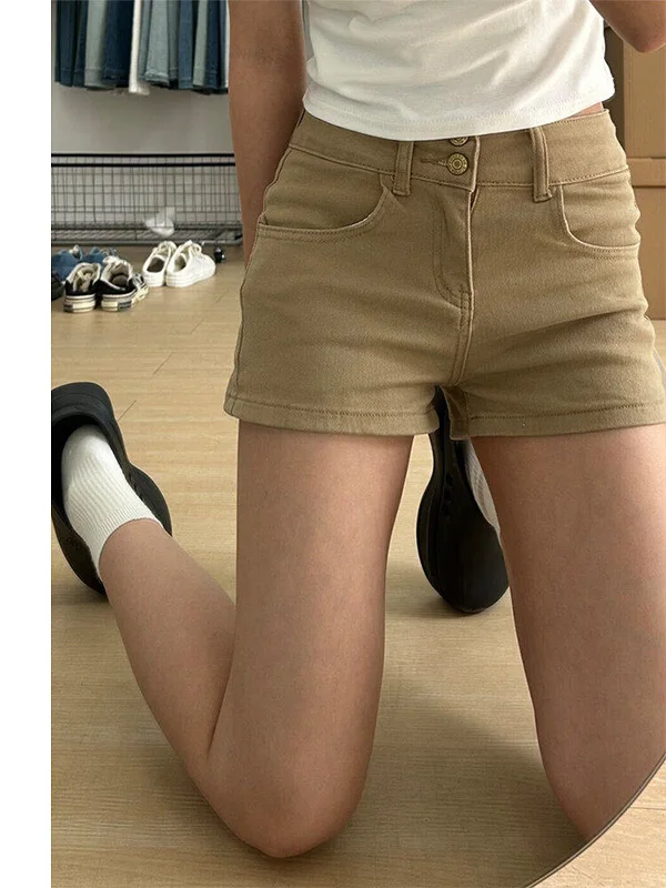 

Khaki Denim Short Shorts Women's High Waist Slim Fit A-Line Wrap Arm Hot Pants Summer New Style Casual Leisure Daily Wear