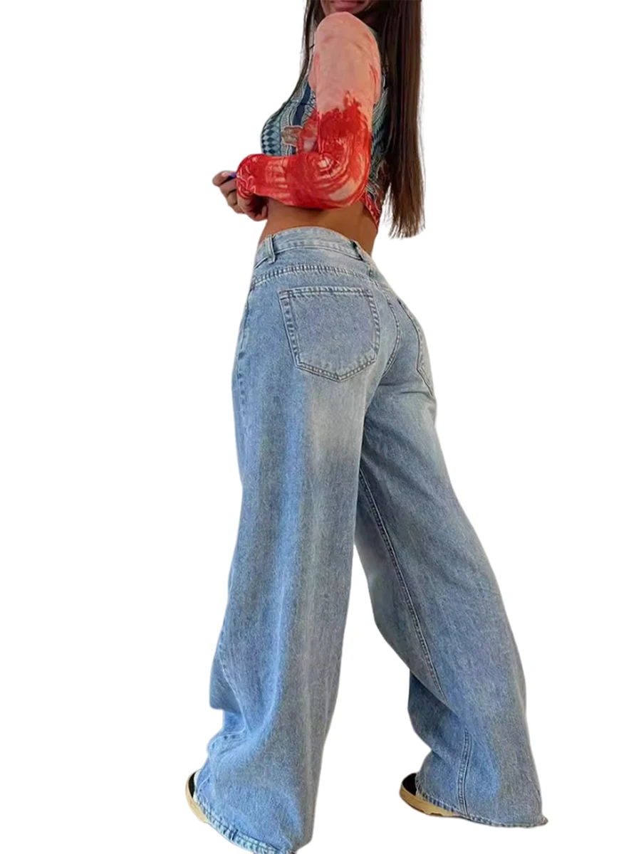 Women s Distressed High Rise Boyfriend Jeans Vintage Wide Leg Loose Denim Pants with Frayed Hem and Pockets