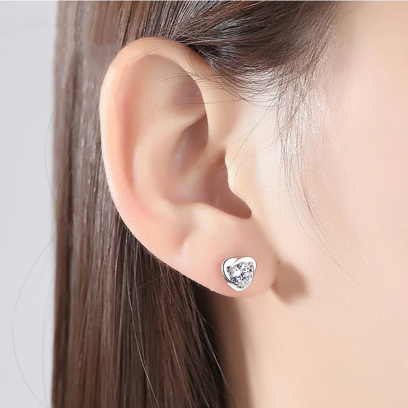 Real 925 Sterling Silver Fshion Jewelry Crystal Heart Stud Earrings For Women New XY0208