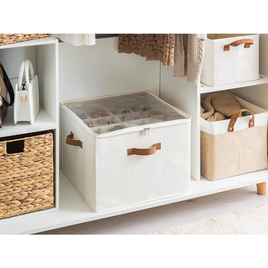 Organizer na buty do szafy, mieści do 16 par, pojemniki na buty z regulowanymi przegródkami i przezroczystą pokrywą, beżowy.