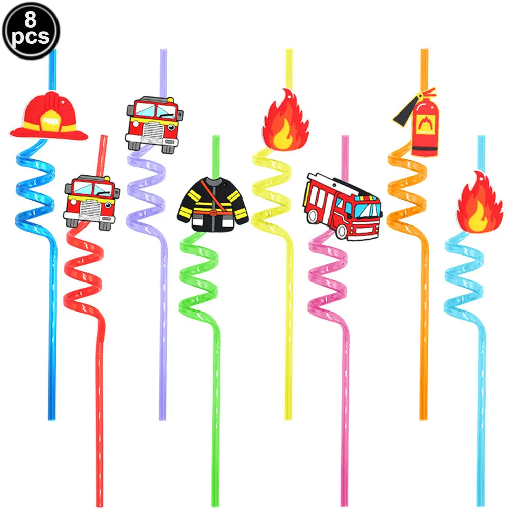 8pcs Reusable Fire Truck Plastic Straws Fire Fighter Drinking Straws Firetruck Fireman Birthday Party Supplies Kids Gift Favors