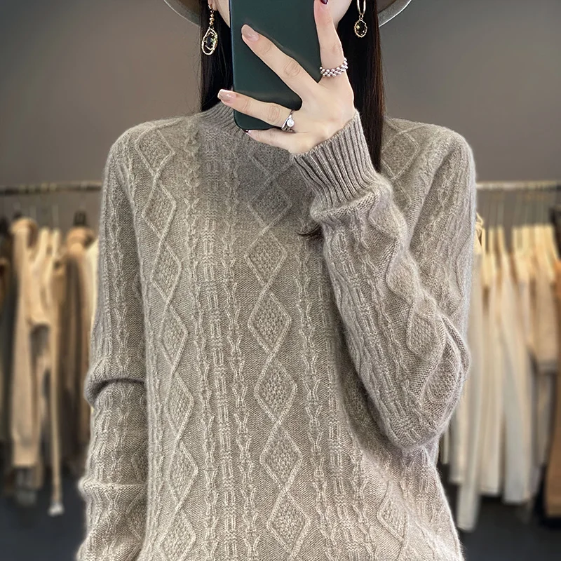 LDZWSM Autumn and winter warm women\'s cashmere sweater twisted floral knitted wool sweater simple neck jumper