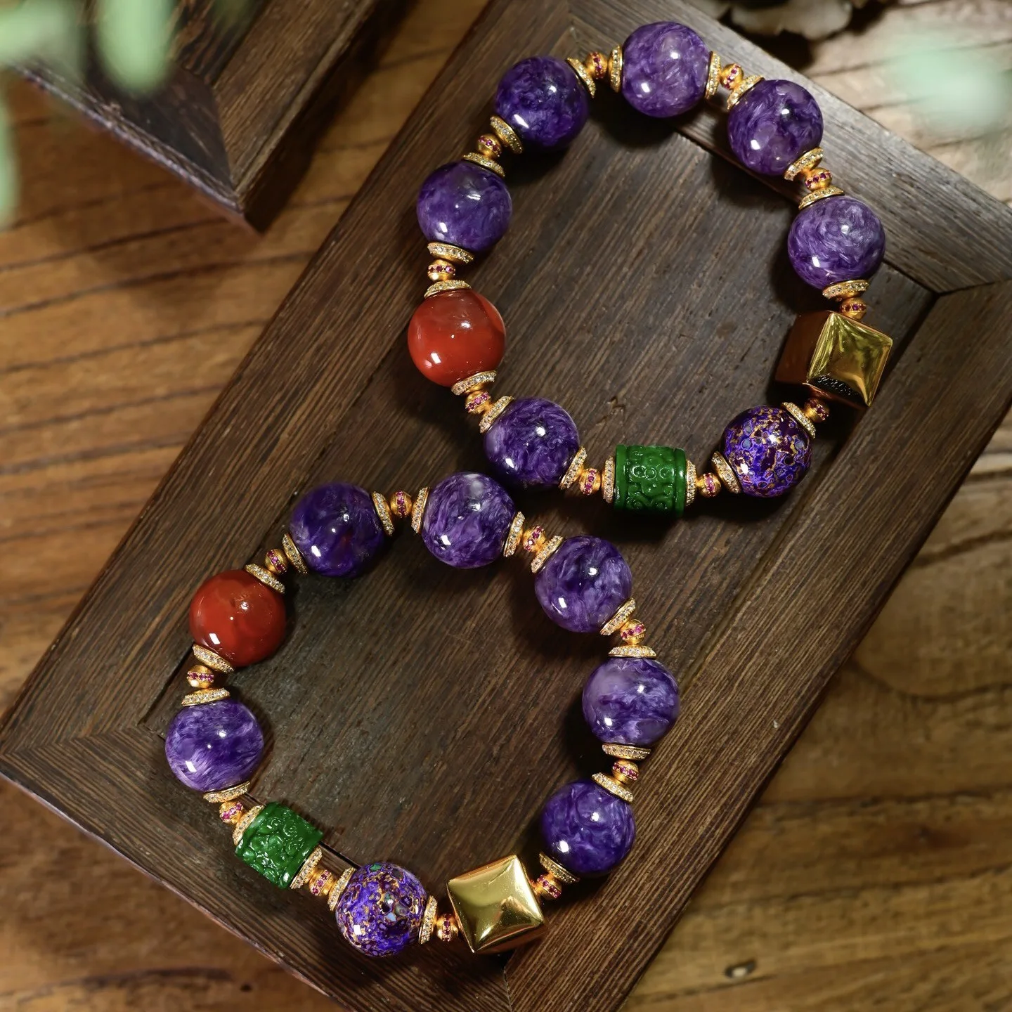 Natural Charoite Bracelet, A-Grade Dry Green Carved Jade, Nanhong Agate Beads, 925 Silver Sugar Cube, Chinese Gemstone Jewelry