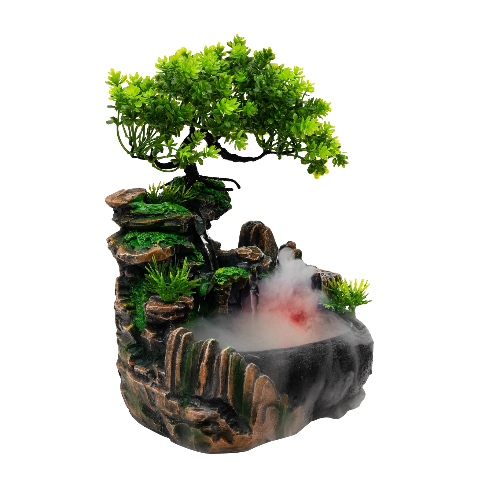 Tabletop Fountain Atomizing Desktop Humidifier with Rockery & Bonsai Waterfall Feature Fountain Desk Decoration