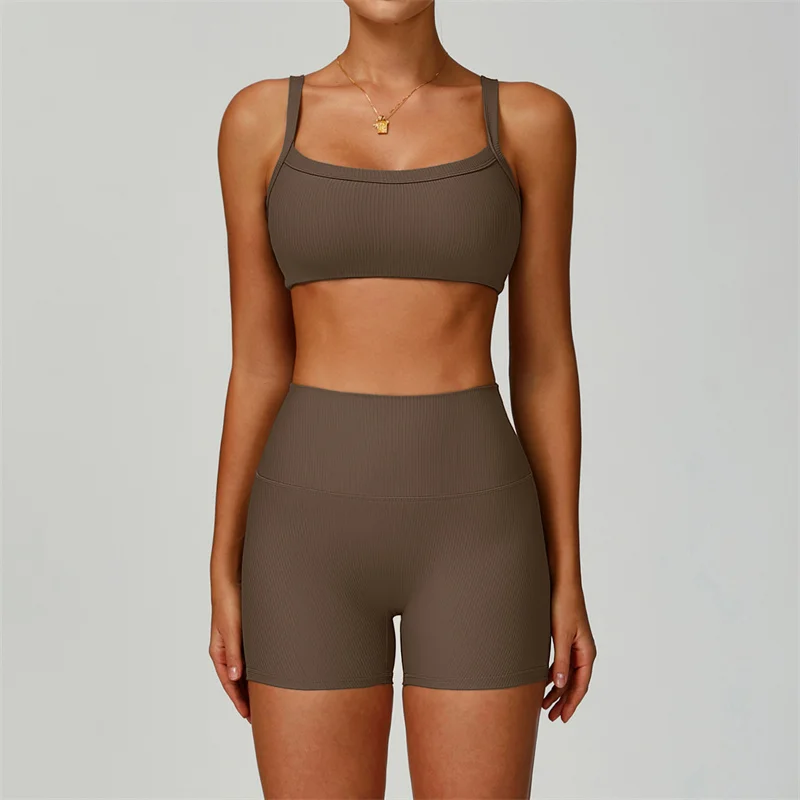 TRY TO BN Conjuntos de shorts de treino feminino yoga sutiã esportivo sem costura com nervuras treino de fitness correndo treinamento apertado roupas de ginásio mulher