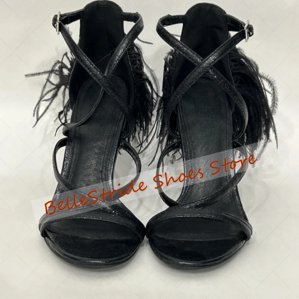 

Black Cross Strap Round Toe Sandals Feather Decor Women Shoes Stilettos High Heels Party Banquet Dating 2025 Zapatos Para Mujere