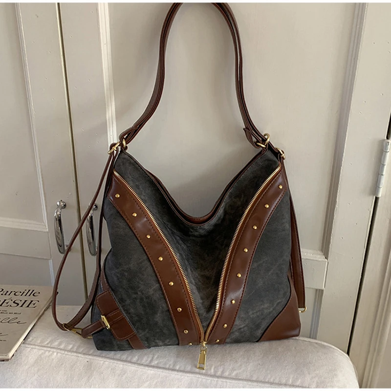 Vintage-Rucksack, Damen-Tragetasche, Retro-Spleiß-Hobo-Umhängetasche, lässige Alltags-Einkaufstasche mit Nieten-Dekor – Detail 7